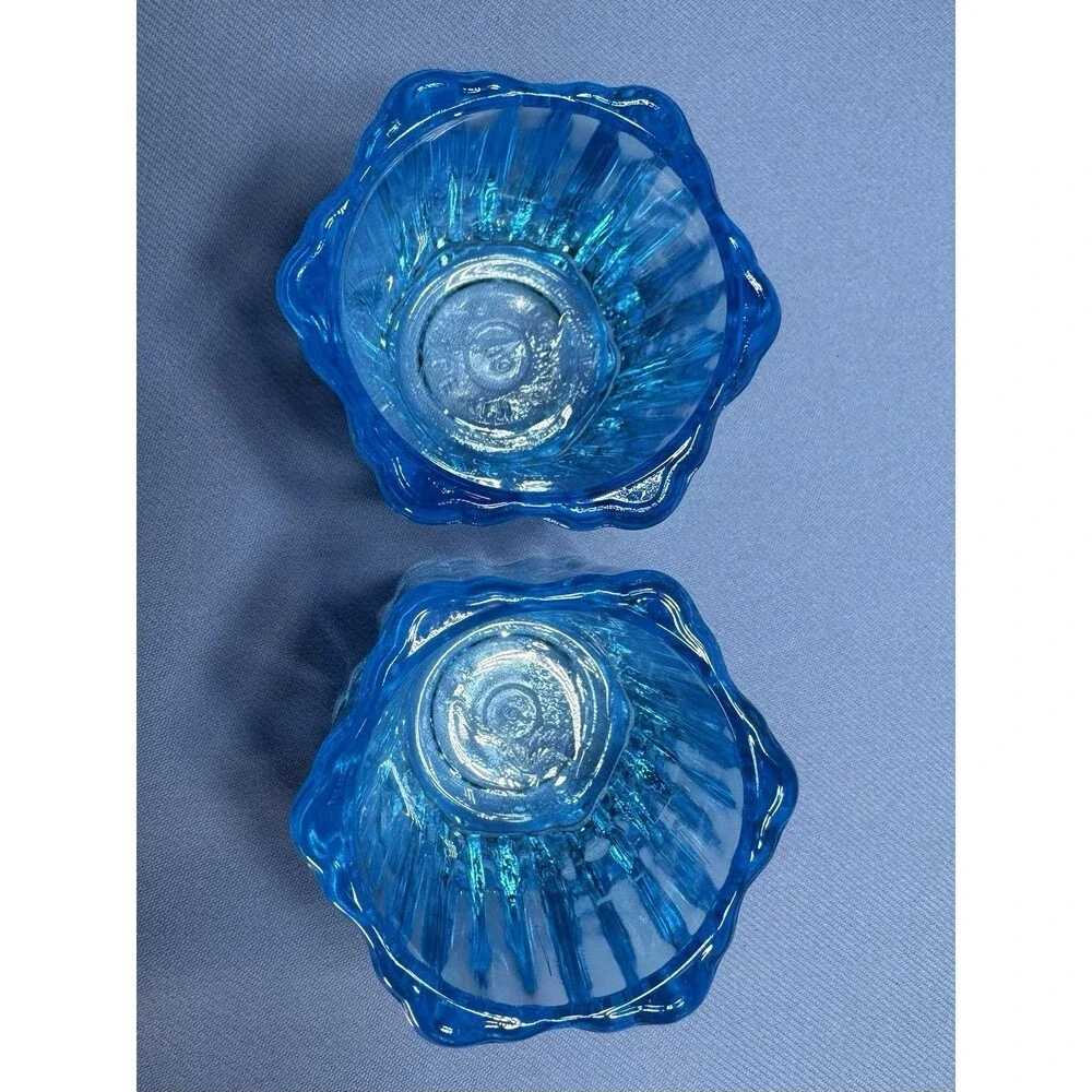 Set Of 2 Blue Glass Votives, Hexagon Shape, Made In USA 2.5x2.5